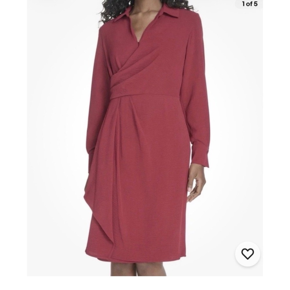 Calvin Klein Womens Long Sleeve Faux Wrap Sheath Dress Red CD4E1DW6 Size 10